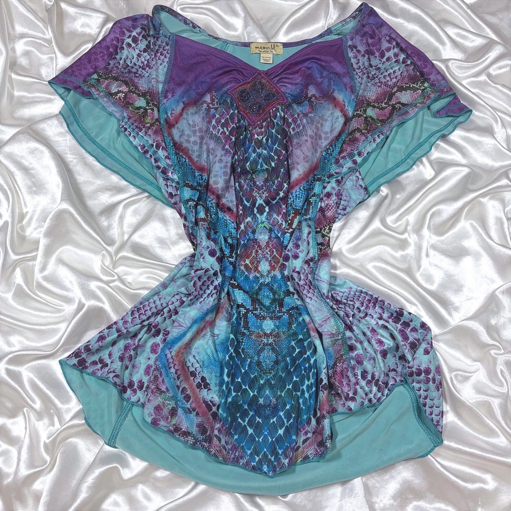 y2k One World Top Purple Excellent Beaded Snakeskin Print Flutter Sleeve XL
